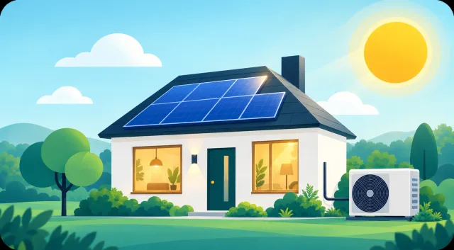 Ilustracija kuće sa solarnim panelima i dizalicom topline