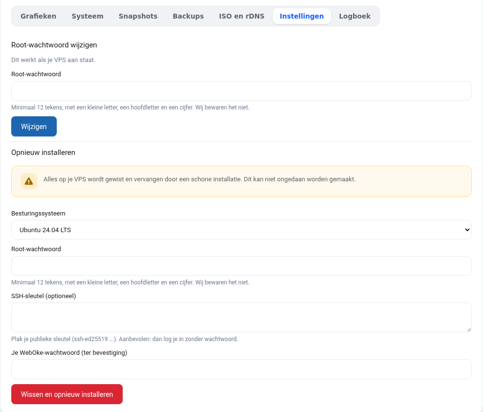 Kartica Postavke s opcijom Promijeni root lozinku