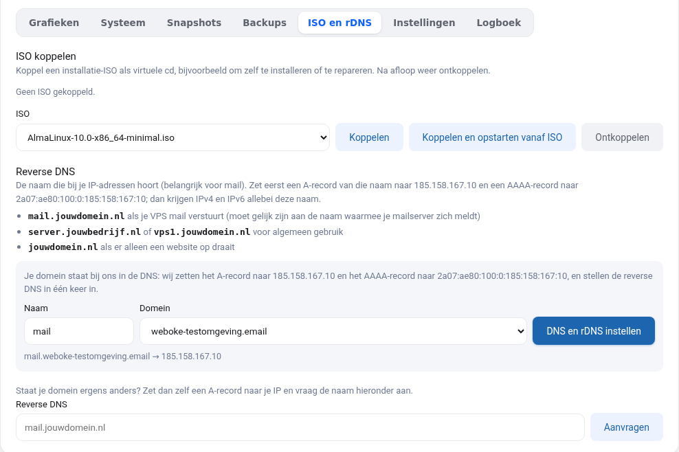 Kartica ISO i rDNS s izborom ISO-a i gumbima Poveži i Odspoji