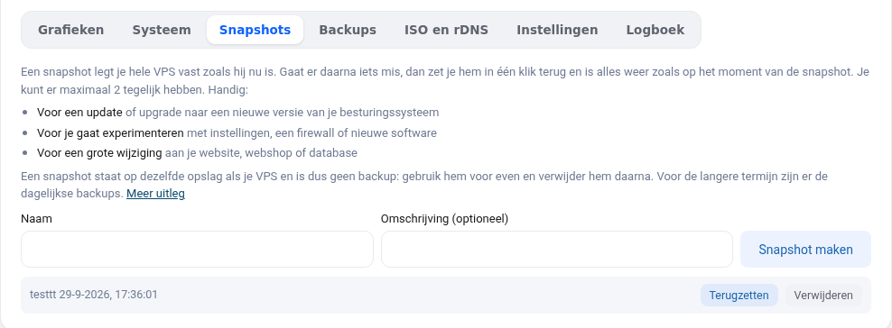 Kartica Snapshoti u zaslonu VPS-a